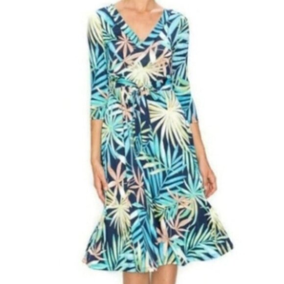 Janette Fashion Blue Palm Tree Leaves Faux Wrap Knee Length Dress - Picture 1 of 3